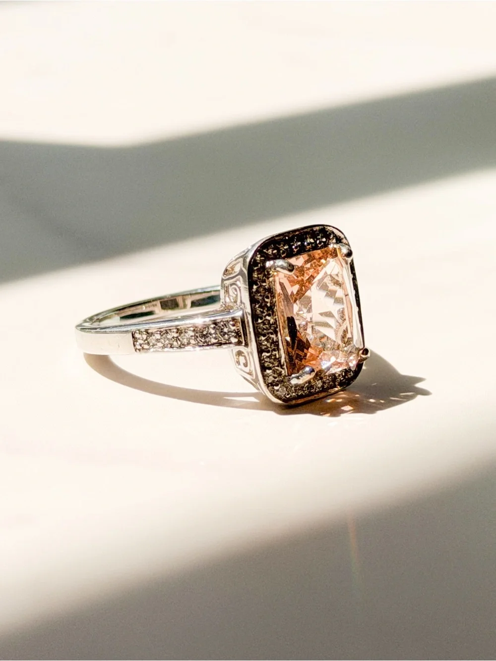 Peach Pink CZ Statement Ring Rhodium Plated Halo Large Cocktail Ring 7